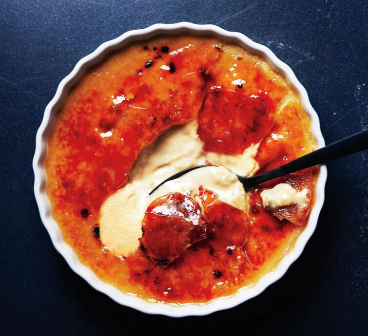 ❣ or ☠ + ♨ Crème brûlée: A vanilla-flavored egg custard drenched in a sweet syrup that is then heated with a fire crystal until a crisp brown shell is created.