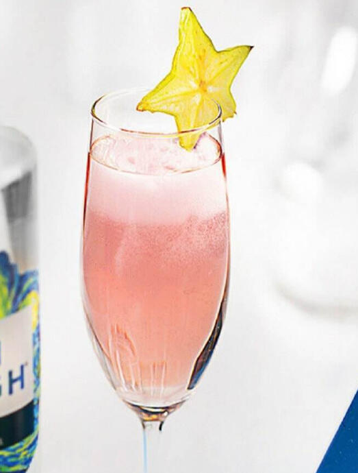 ☀ Starry Night: 2 oz. Umbral saturated vodka (recovered imported from the Thirteenth), chilled 8 oz. sparkling rosé, chilled Edible glitter (optional) Served with a slice of starfruit for garnish, and crushed umbral crystal powder mixed in for gradient.