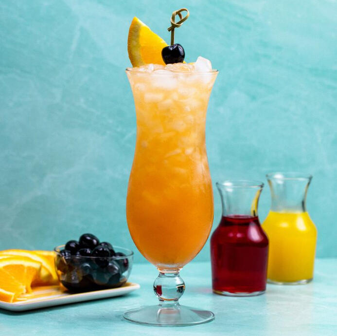 ϟ Hurricane: Half part over-proofed rum, One part dark rum One part light rum, Lemon juice Passion fruit syrup, extracted and electrified with lightning crystals Served with a lightning shard shaken in to give a little extra buzz with each sip