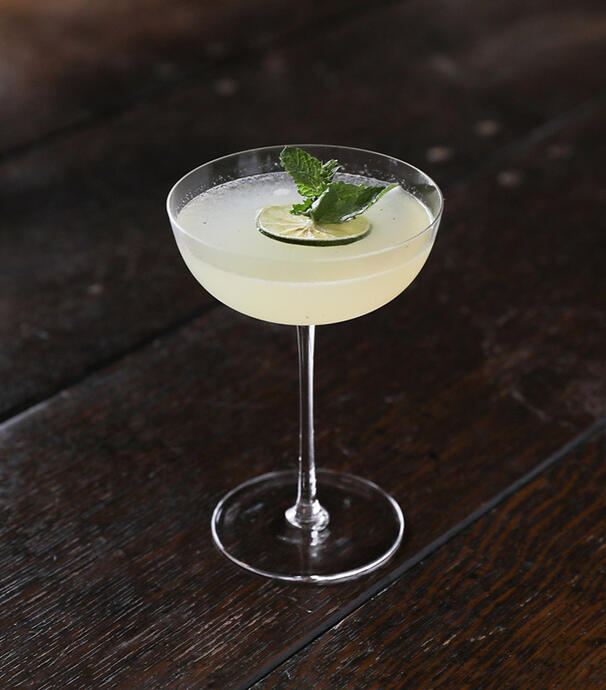☼ Lakeland Pearl: 1 sprig fresh mint 2 ounces aged Crystarium Gin, infused with light 1/4 oz. Il Mheg absinthe 3/4 oz. lime juice, freshly squeezed 3/4 oz. rock candy syrup Served with crushed astral crystal rim for a little extra glow.