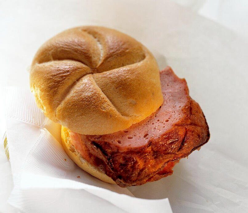 ❣ or ☠Liver-cheese Sandwich: Several slices of a ground liver loaf sandwiched between two halves of a kaiser roll.